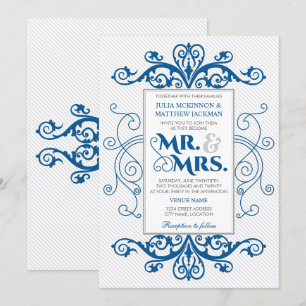 Royal Blue Vintag Wirbel Mr. and Mrs Wedding Einladung