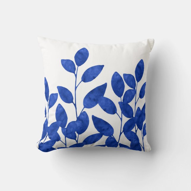 Royal Blue Watercolor-Blätter Kissen (Vorderseite)