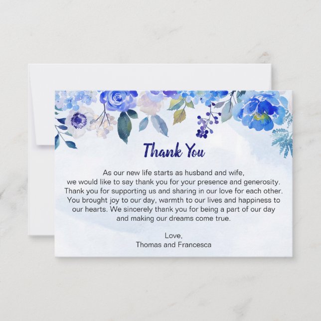 Royal Blue Watercolor Floral Danke Karte (Vorderseite)