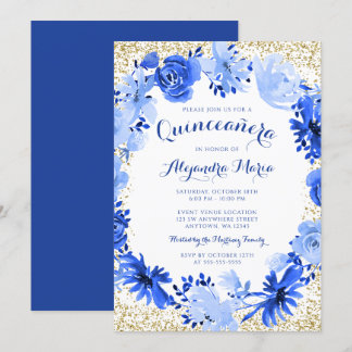 Royal Blue Watercolor Floral Gold Quinceanera Einladung