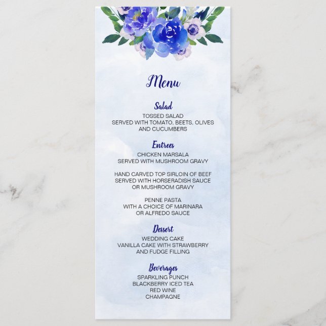 Royal Blue Watercolor Floral Wedding Menu Card Menükarte (Vorderseite)