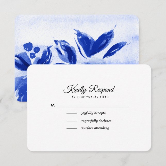 Royal Blue Watercolor Floral Wedding RSVP Cards (Vorne/Hinten)