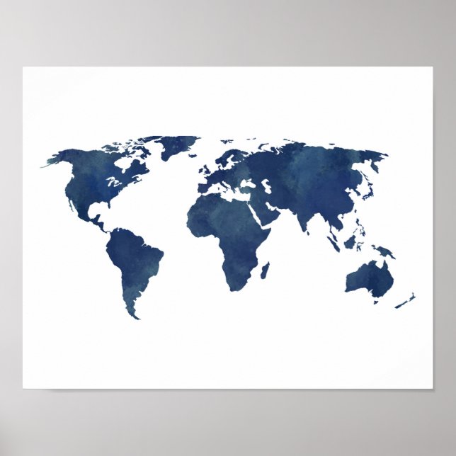 Royal Blue Watercolor Weltkarte Poster (Vorne)