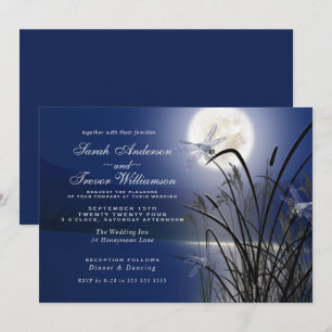 Royal Blue Wedding Full Moon Dragonfly Pond Einladung