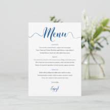 Royal Blue Wedding Menu Card 12x18