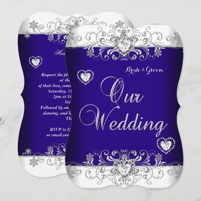 Royal Blue Wedding Silver Diamond Hearts b Einladung (Vorne/Hinten)