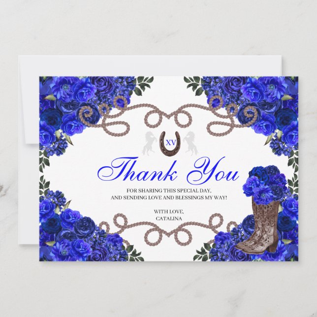 Royal Blue Western Charra Quinceanera Vielen Dank Dankeskarte (Vorderseite)