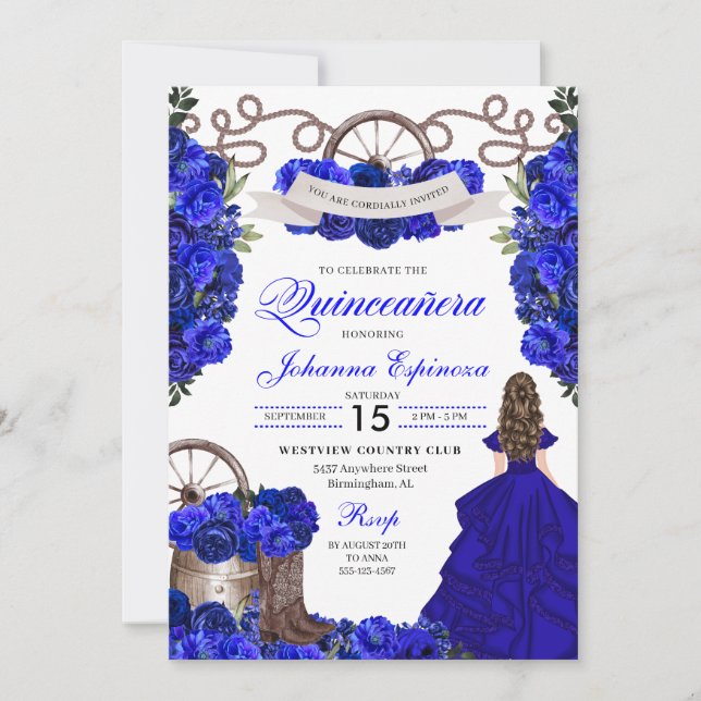 Royal Blue Western Ranchero Quinceanera Einladung (Vorderseite)