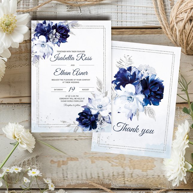 Royal Blue White and Silver Wedding Einladung (Von Creator hochgeladen)