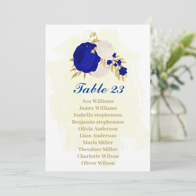 Royal Blue & White Blume Gold-Sitzkarte Einladung (Stehend Vorderseite)