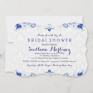 Royal Blue & White Damask Brautparty Einladung 2