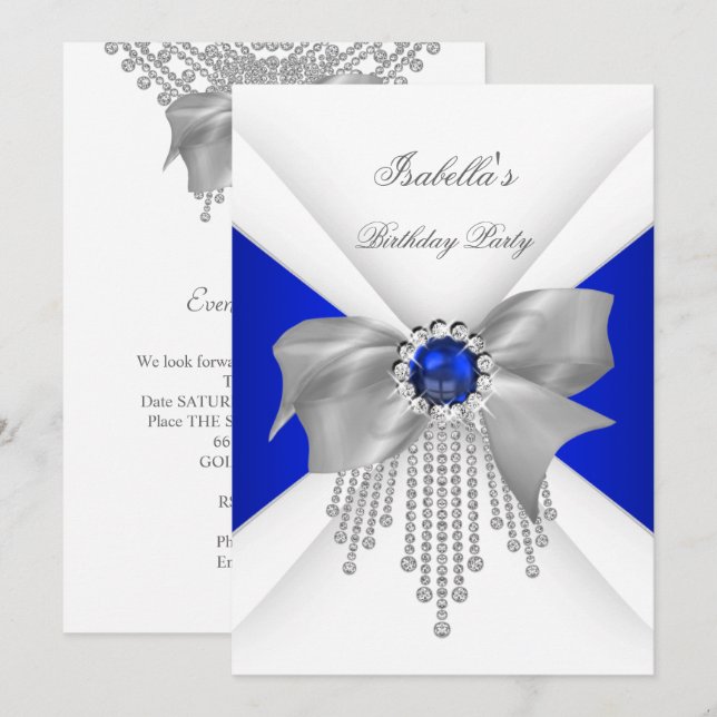 Royal Blue White Diamond Pearl Birthday Party Einladung (Vorne/Hinten)