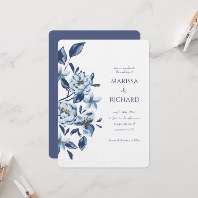 Royal Blue White Floral Botanical Einladung (Vorderseite/Rückseite Beispiel)