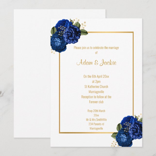 ROYAL BLUE White FLORAL BOUQUET WEDING INVITATION Einladung (Vorne/Hinten)