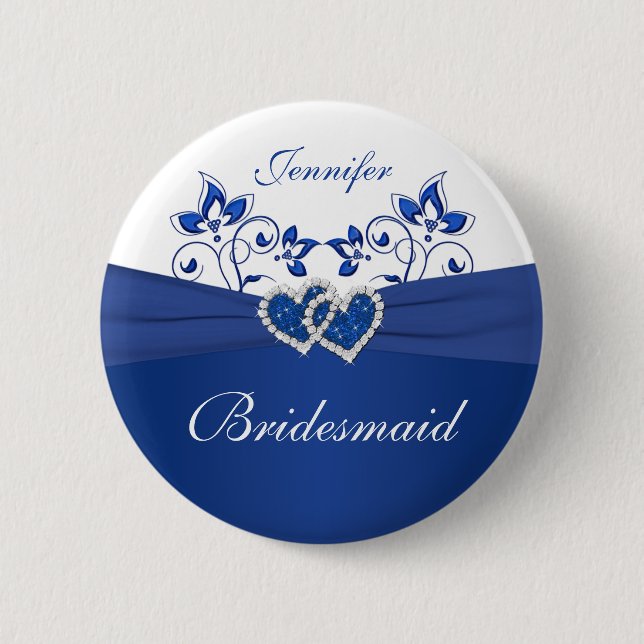 Royal Blue, White Floral Bridesmaid Button (Vorderseite)