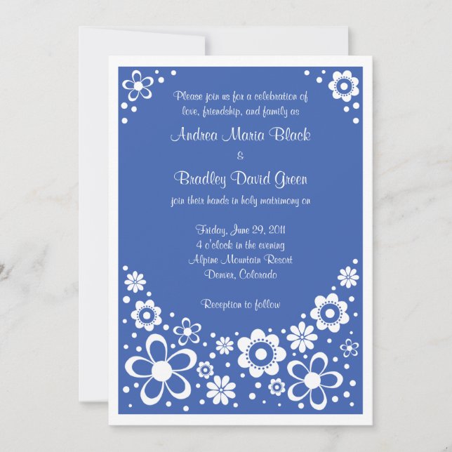 Royal Blue White Floral Faire-part de mariage (Devant)