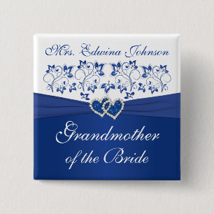 Royal Blue White Floral Großmutter der Braut Button