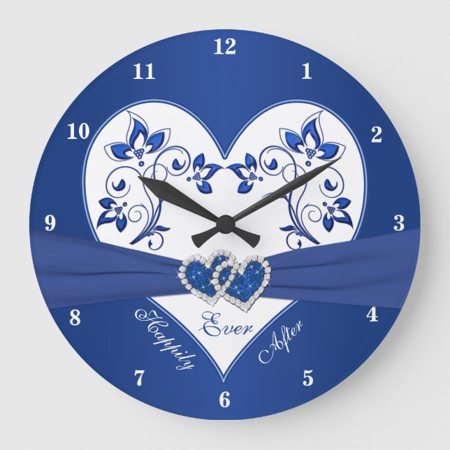 Royal Blue, White Floral Heart glücklich immer nac Große Wanduhr (Vorderseite)