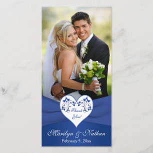 Royal Blue, White Floral Heart Wedding Foto Card Dankeskarte