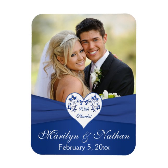 Royal Blue White Floral Heart Wedding Foto Magnet (Vertikal)