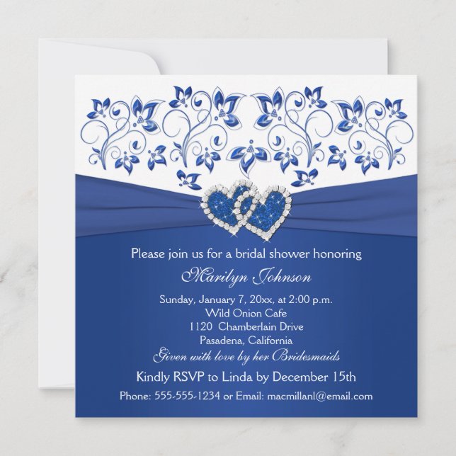 Royal Blue, White Floral Hearts Brautparty Einladung (Vorderseite)