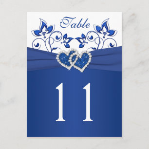 Royal Blue, White Floral Hearts Carte Numéro de ta