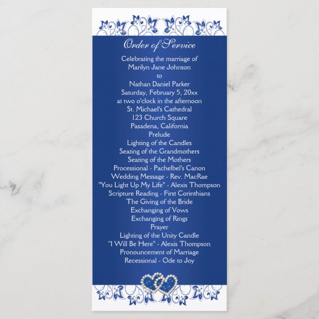 Royal Blue, White Floral Hearts Programme de maria (Devant)