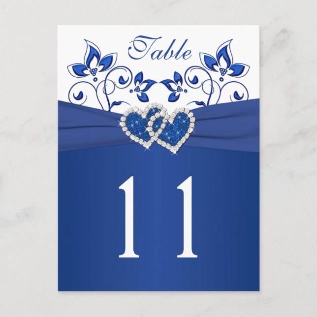 Royal Blue, White Floral Hearts Tischnummer Card (Vorderseite)