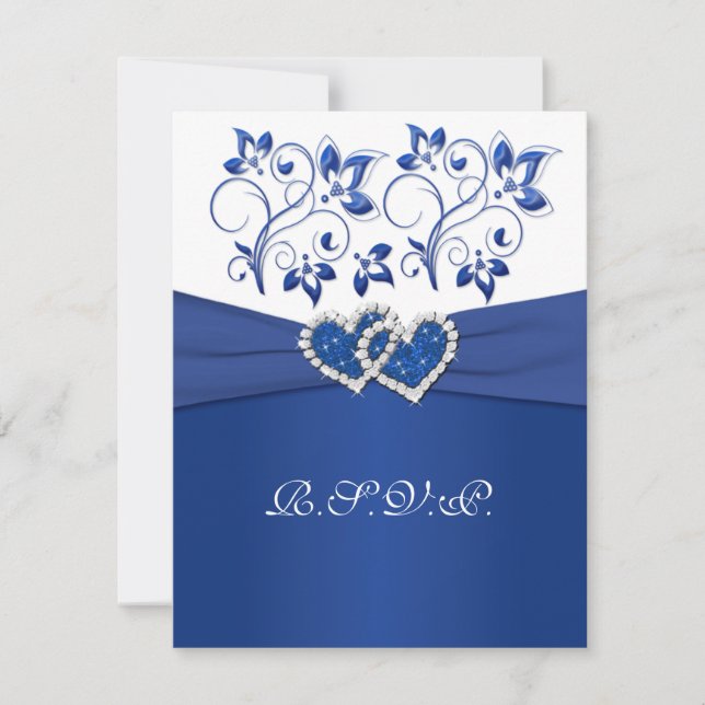 Royal Blue, White Floral Joined Hearded Cards RSVP Karte (Vorderseite)