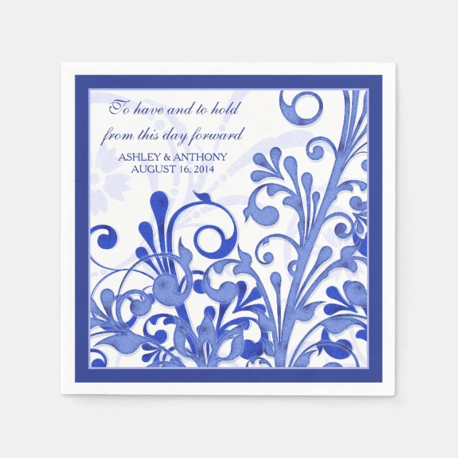 Royal Blue White Floral Personalisiert Wedding Serviette (Vorderseite)