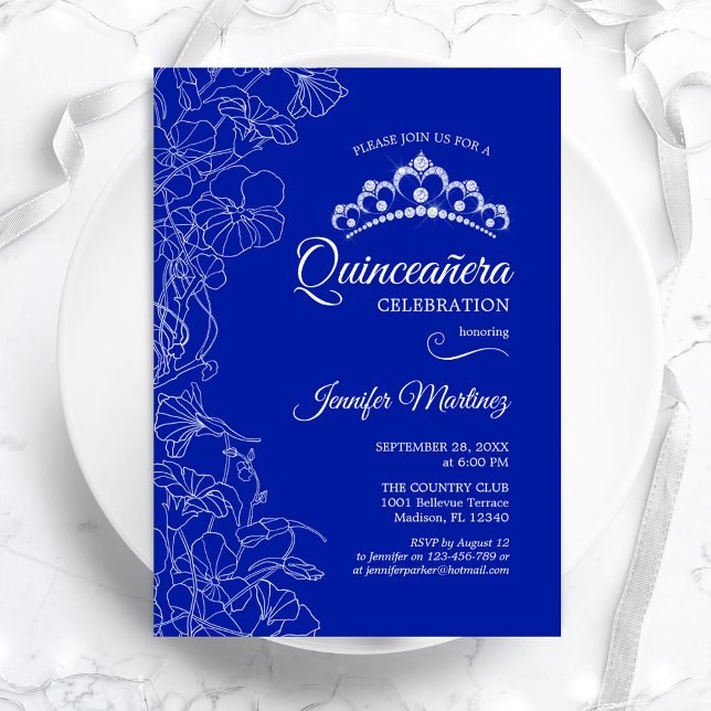 Royal Blue White Floral Quinceanera Party Einladung (Von Creator hochgeladen)