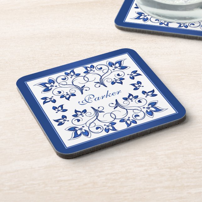 Royal Blue, White Floral Wedding Untersetzer Set ( (Linke Seite)