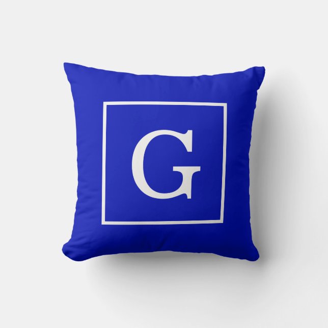 Royal Blue White Gerahmt Initial Monogram Kissen (Vorderseite)