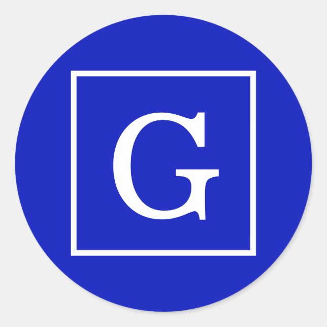 Royal Blue White Gerahmt Initial Monogram Runder Aufkleber (Vorderseite)