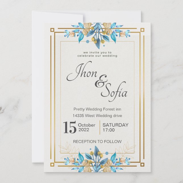 Royal Blue White Gold Floral Faire-part de mariage (Devant)