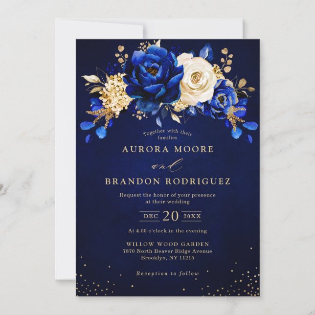 Royal Blue White Gold Metallic Floral Wedding Invi Einladung (Vorderseite)