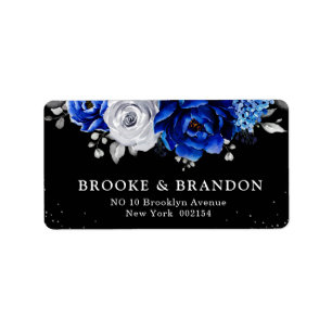 Royal Blue White Metallic Floral Wedding La Adressaufkleber