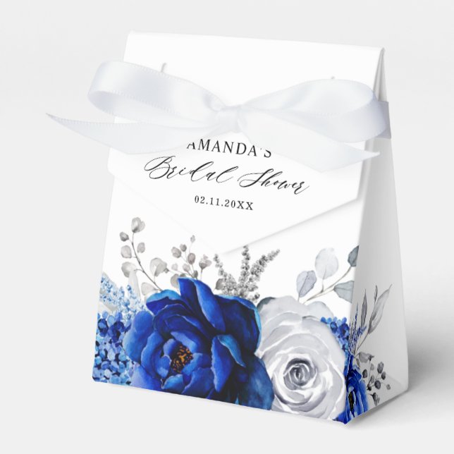 Royal Blue White Metallic Silver Floral Wedding Geschenkschachtel (Vorderseite)