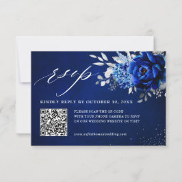 Royal Blue White Metallic Silver Floral Wedding QR RSVP Karte