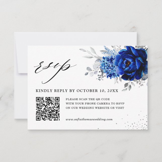 Royal Blue White Metallic Silver Floral Wedding QR RSVP Karte (Vorderseite)