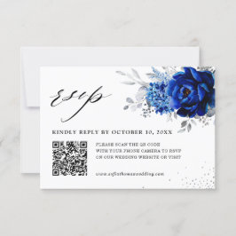 Royal Blue White Metallic Silver Floral Wedding QR RSVP Karte