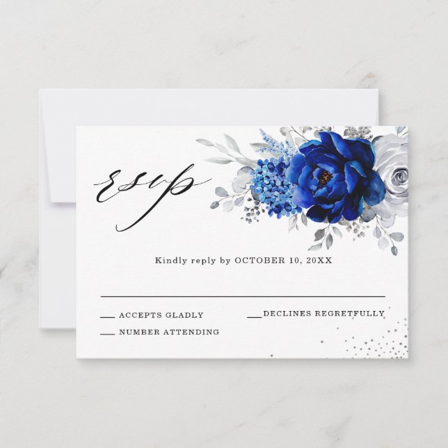 Royal Blue White Metallic Silver Floral Wedding RSVP Karte (Vorderseite)