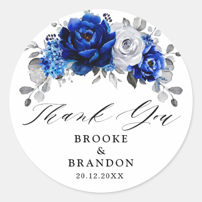 Royal Blue White Metallic Silver Floral Wedding Runder Aufkleber (Vorderseite)