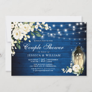Royal Blue White Rose Lantern Rustic Couple Dusche Einladung