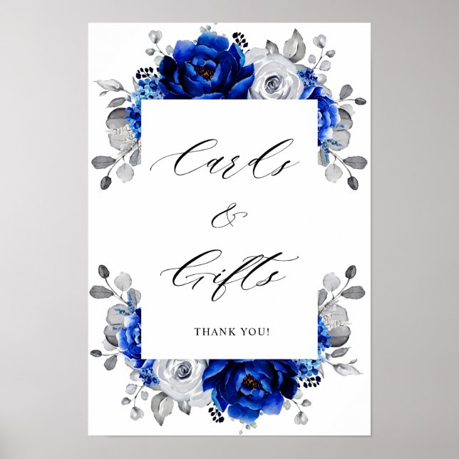Royal Blue White Silver Blumenkarten & Geschenke Poster (Vorne)