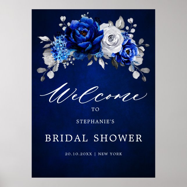 Royal Blue White Silver Brautparty Welcome Post Poster (Vorne)
