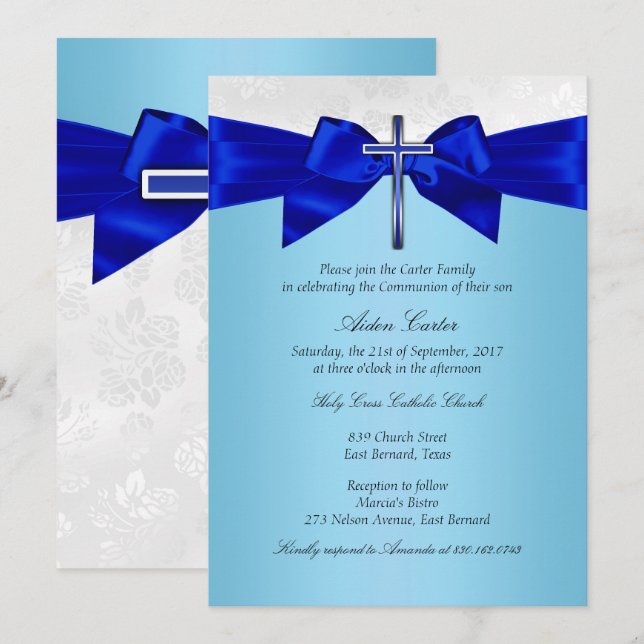 Royal Blue White Silver Cross Boys Communion Einladung (Vorne/Hinten)