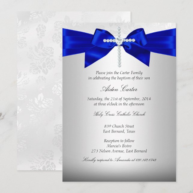 Royal Blue White Silver Cross Taufe Einladung (Vorne/Hinten)