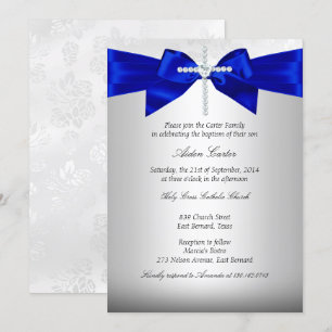 Royal Blue White Silver Cross Taufe Einladung