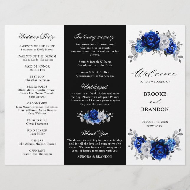 Royal Blue White Silver Dreifach Hochzeitsprogramm (Vorderseite)
